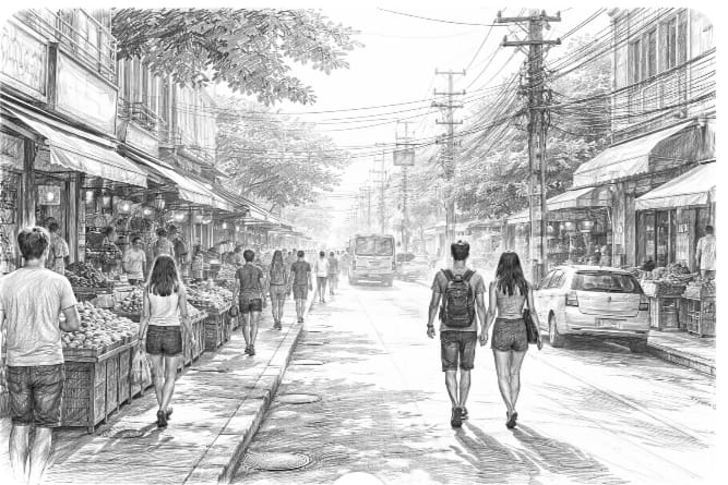 Rua de feira sob o calor da manhã