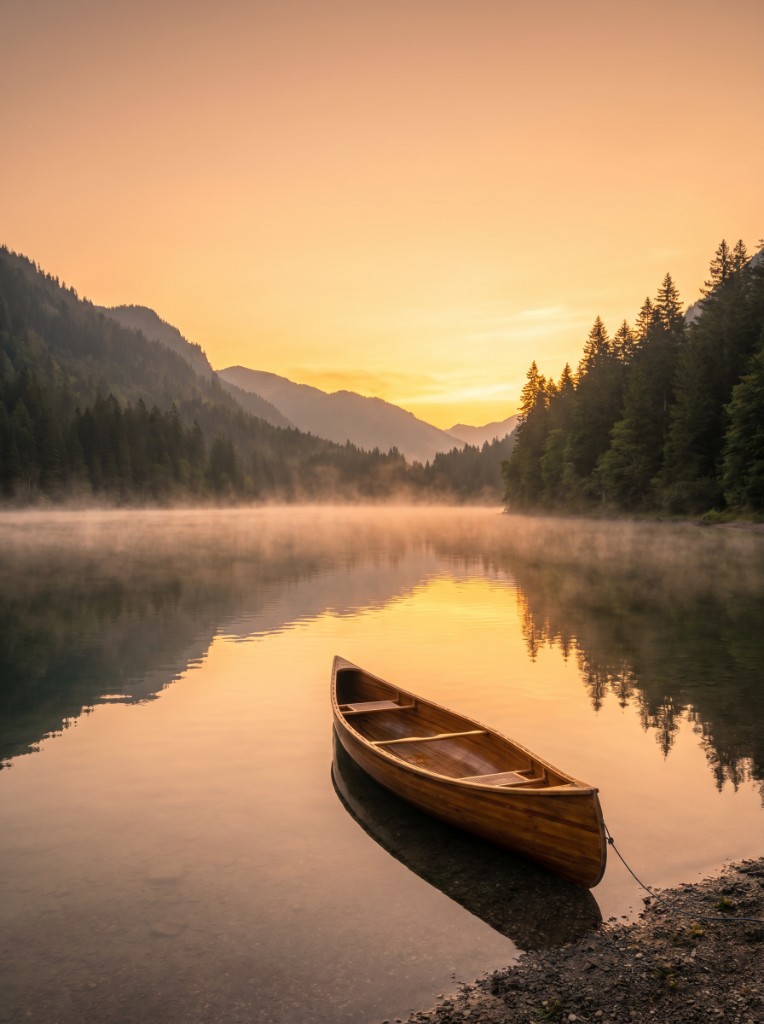 Lago ao amanhecer com barco — Horizontes da minha mente